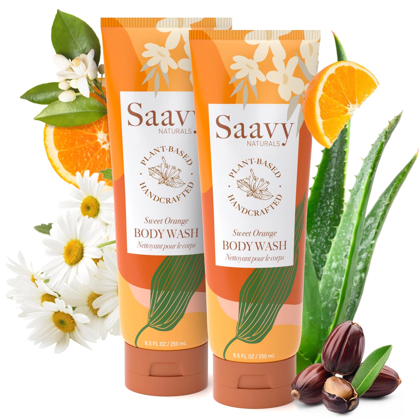 Saavy Naturals Moisturizing Body Wash for Sensitive Skin – Plant-Based with Coconut Oil, Shea Butter & Aloe Vera – Paraben-Free, Cruelty-Free – Sweet Orange – 2 x 8.5 fl oz