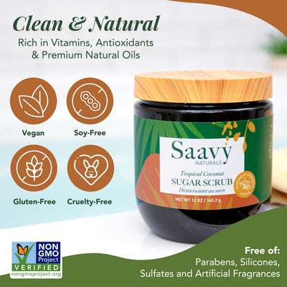 Saavy Naturals Body Scrub – Tropical Coconut Sugar Exfoliator, Vegan & Natural, 12 oz – Made in USA