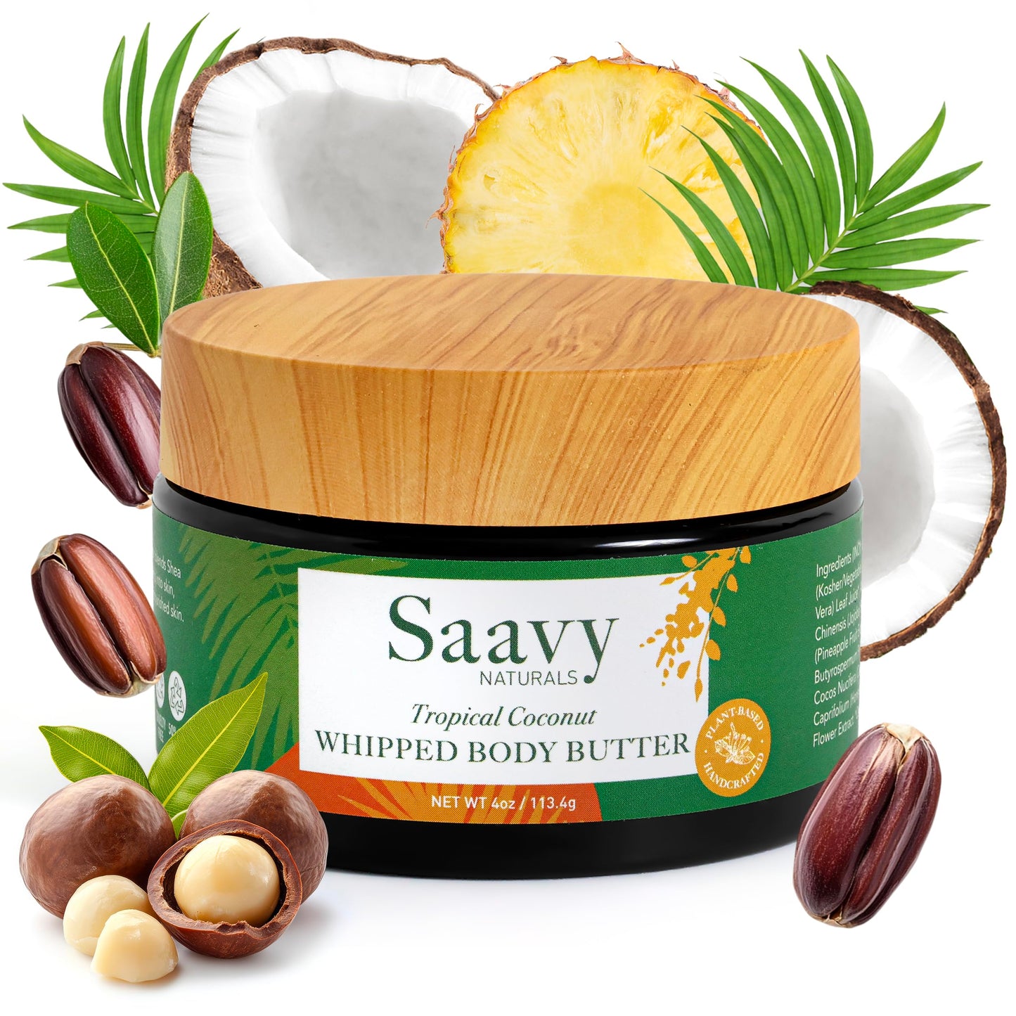 Saavy Naturals Whipped Body Butter – Organic Shea, Deep Hydration, Tropical Coconut, 4 oz