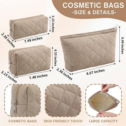 Sadnyy 3 Pcs Puffy Quilted Makeup Bag Set – Valentine Gift, 3 Sizes, Grayish Brown