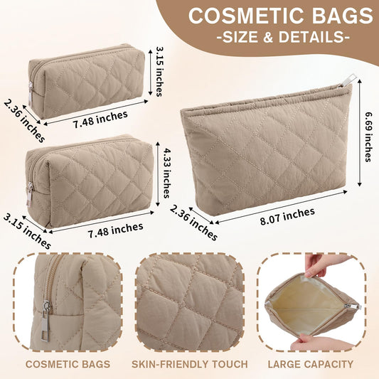 Sadnyy 3 Pcs Puffy Quilted Makeup Bag Set – Valentine Gift, 3 Sizes, Grayish Brown