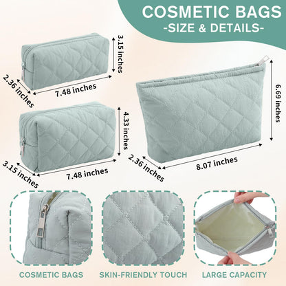 Sadnyy 3 Pcs Puffy Quilted Makeup Bag Set – Valentine Gift, Dark Green Cosmetic Pouches