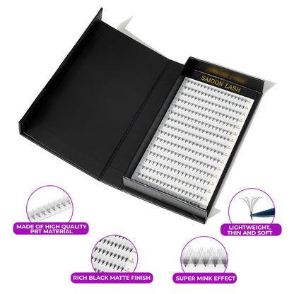 SAIGON LASH Wispy Promade Fans 3D–8D | Narrow Base Laser Tech Extensions, C/D Curl, 6–15mm, Black-D-0.05