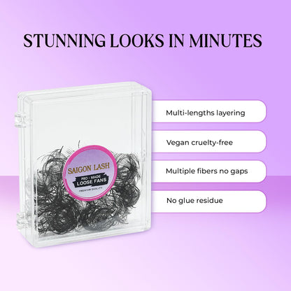 SAIGON LASH 500 pcs Narrow Promade Loose Fans – 10D 0.07 C Curl, 8–19 mm Mixed Length, Matte Black Handmade Lash Extensions