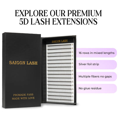 SAIGON LASH Wispy Promade Fans 3D 5D 6D 8D – Narrow Base Laser Tech Eyelash Extensions (6–15mm)