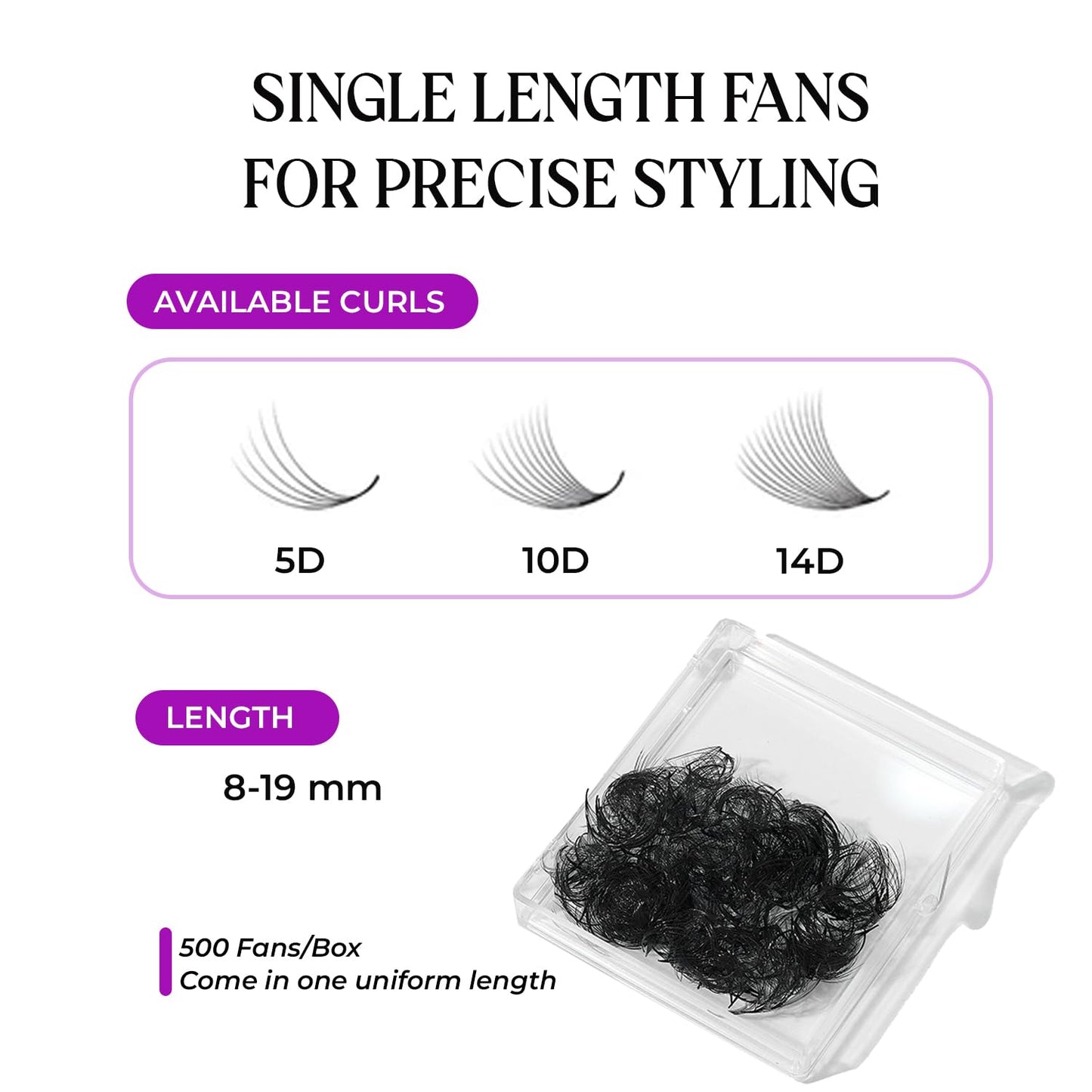 SAIGON LASH 500 pcs Narrow Promade Loose Fans – 10D 0.07 C Curl, 8–19 mm Mixed Length, Matte Black Handmade Lash Extensions
