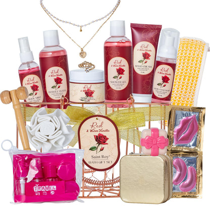 Saint Roy 21-Piece Bath & Body Gift Basket – Rose Vanilla Spa Set for Women
