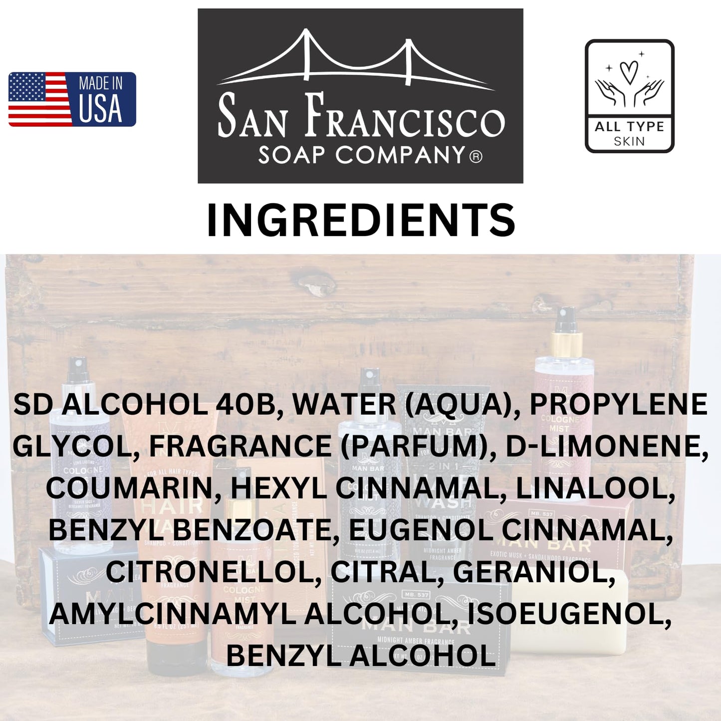 San Francisco Soap Company MAN BAR Cologne Mist Midnight Amber – Long-Lasting Scent, 6 fl oz