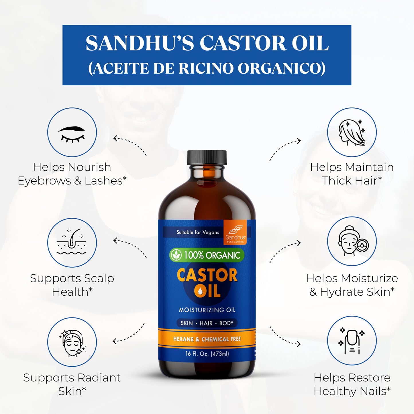 Sandhu's 100% Organic Castor Oil – 16 oz Glass Bottle | Pure, Hexane-Free & Unrefined