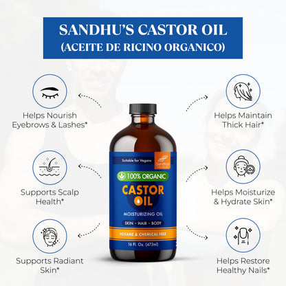 Sandhu's 100% Organic Castor Oil – 16 oz Glass Bottle | Pure, Hexane-Free & Unrefined
