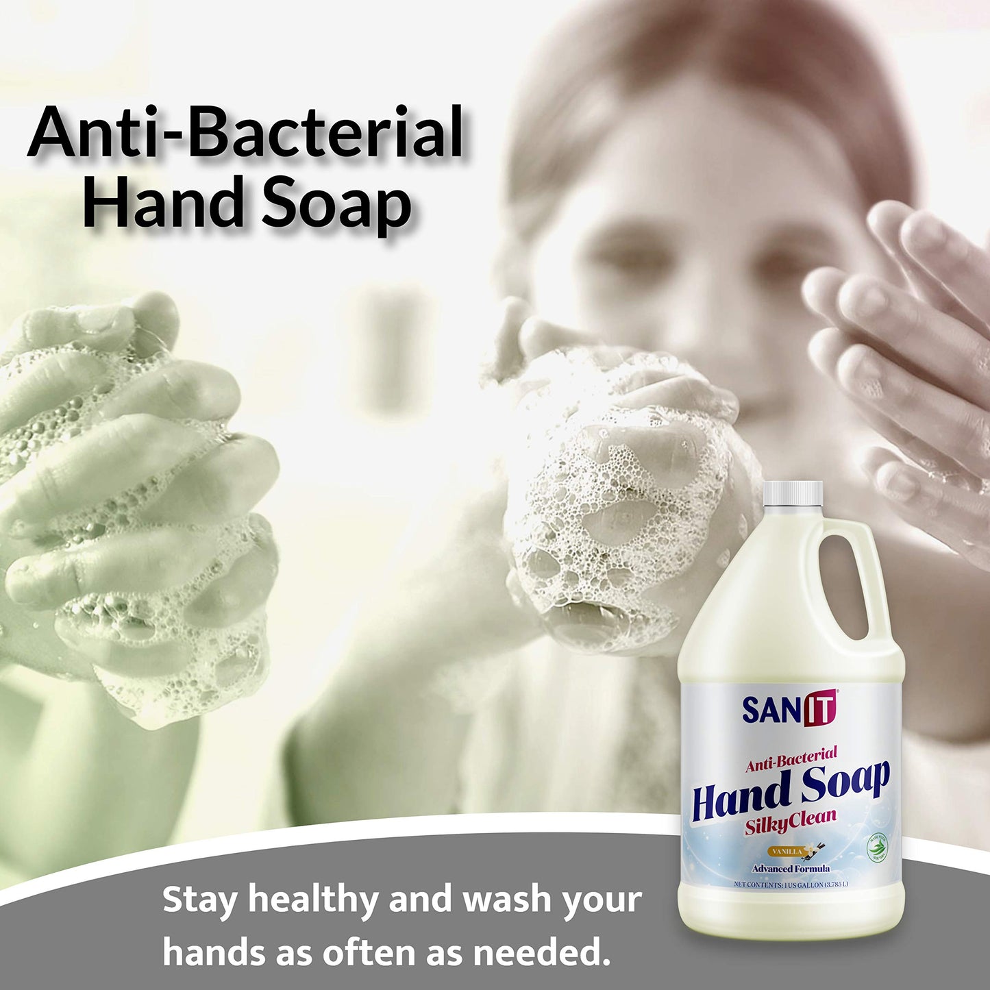 Sanit Silky Clean Antibacterial Hand Soap Refill – Coconut Oil & Aloe Vera, Vanilla, 1 Gallon, Made in USA