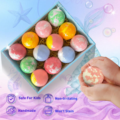 Santrela Kids Bath Bombs with Surprise Inside – 12pc Gift Set with Mermaid Toys & Hair Clips