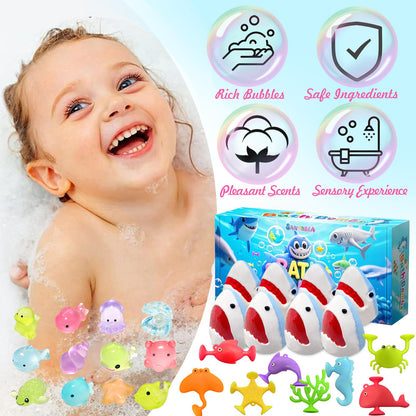 Santrela Shark Bath Bombs for Kids – 8-Pack with Surprise Inside & Suction Toys
