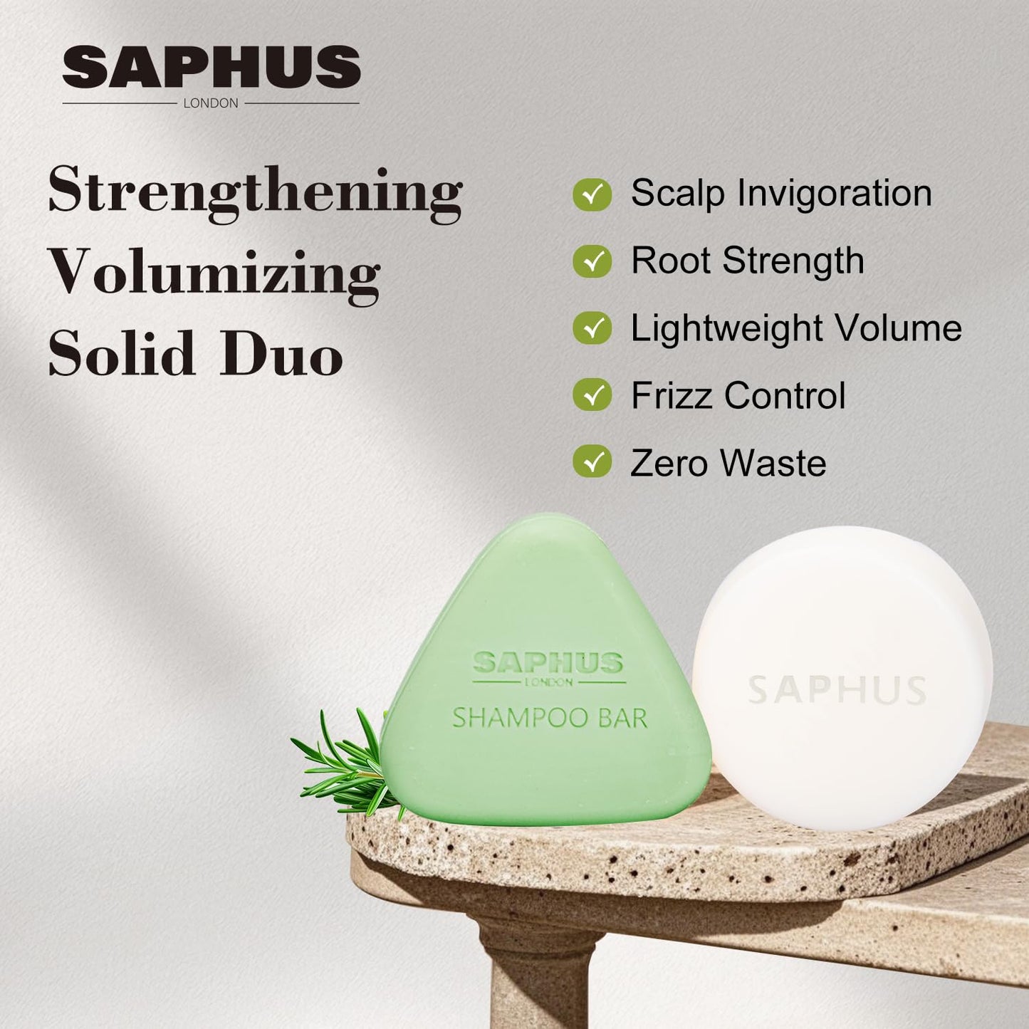 SAPHUS Rosemary Oil Shampoo Bar & Argan Conditioner Bar Set – Strengthen & Volumize Fine Hair