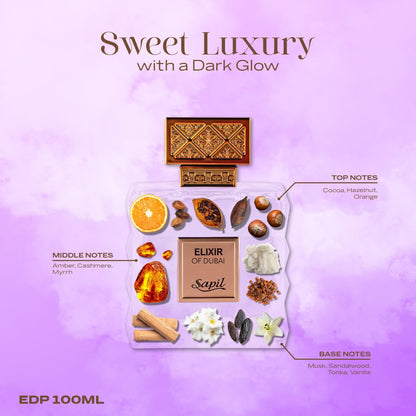 Sapil Elixir of Dubai Eau de Parfum – Unisex Amber Gourmand, Cocoa, Amber & Vanilla | 100 ml