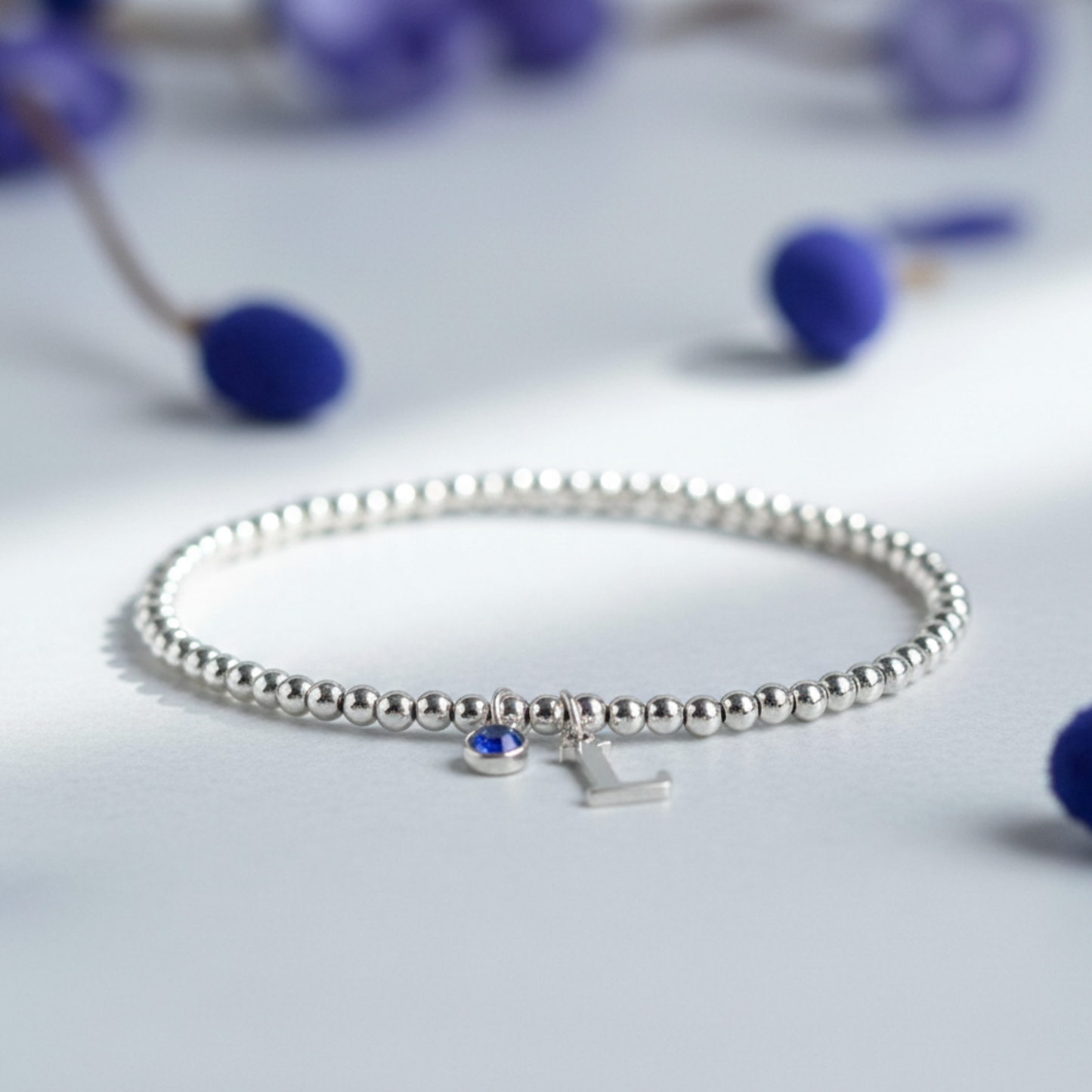 Initial & September Birthstone Bracelet | Personalised Stretch Bead Bracelet