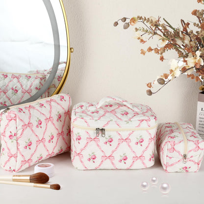 Sarrany 3Pcs Makeup Bag Set – Quilted Floral Cosmetic Bags, Wide-Open Access & Travel Organizer