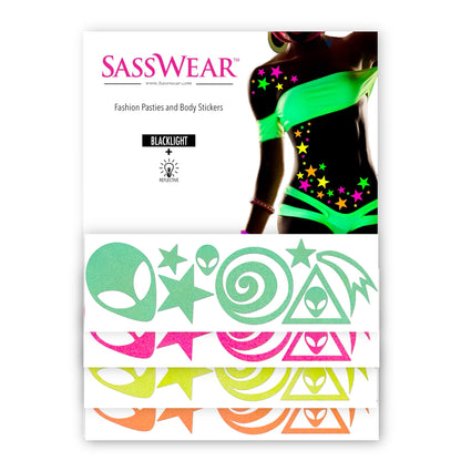 Sasswear Blacklight Body Stickers – 40 Neon Stars for Raves, Festivals & Glow Parties (Alien)