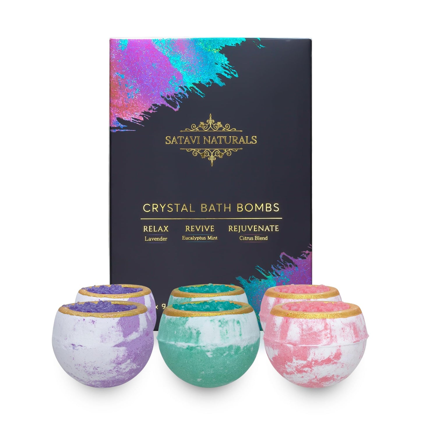 Satavi Naturals Crystal Bath Bombs Gift Set (6-Pack) – Aromatherapy Geode Bath Fizzies with Nourishing Salts