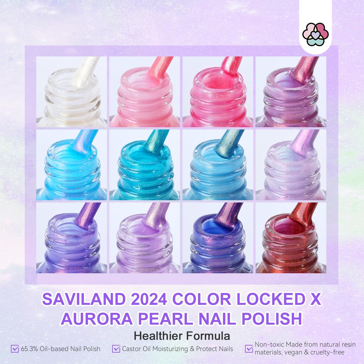 SAVILAND Pearl Nail Polish Set – 12 Aurora Shimmer Colors + Base & Top Coat