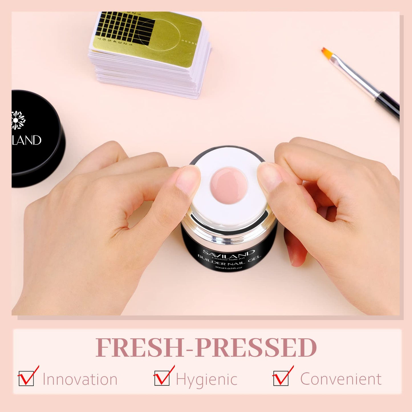 SAVILAND Builder Nail Gel Kit – Nude Pink 30ml, Air Cushion Bottle, 100 Forms & Brushes