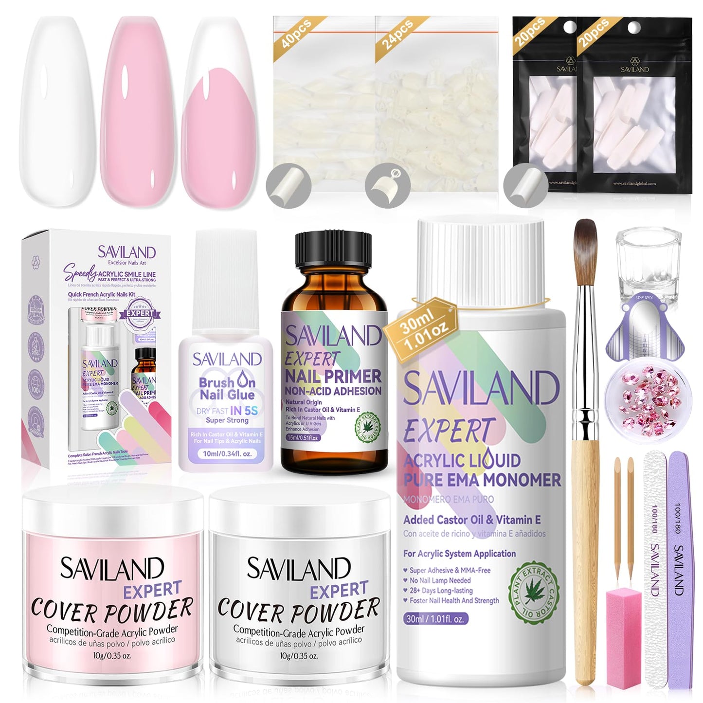 SAVILAND Acrylic Nail Kit – Keratin Powder, Castor Oil, Nail Primer, French Tips & Rhinestones