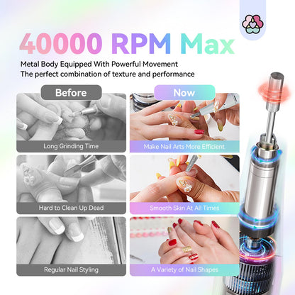 SAVILAND Advance Nail Drill for Acrylic Nails – 40000 RPM, 6000mAh Rechargeable E-File, 13 Bits