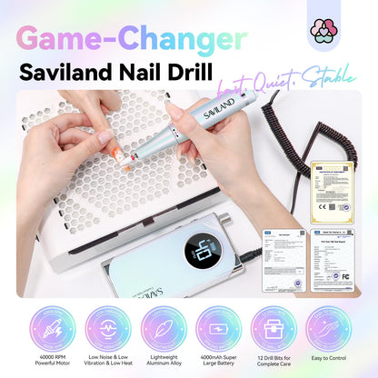 SAVILAND Advance Nail Drill for Acrylic Nails – 40000 RPM, 6000mAh Rechargeable E-File, 13 Bits