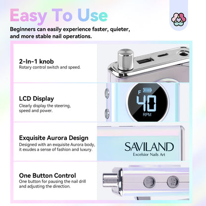 SAVILAND Advance Nail Drill for Acrylic Nails – 40000 RPM, 6000mAh Rechargeable E-File, 13 Bits