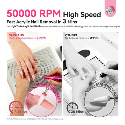 SAVILAND Electric Nail Drill 50000 RPM – Cordless Nail File with 10h Battery, Ceramic Bits, Ambient Light (Black/Pink Ombre)