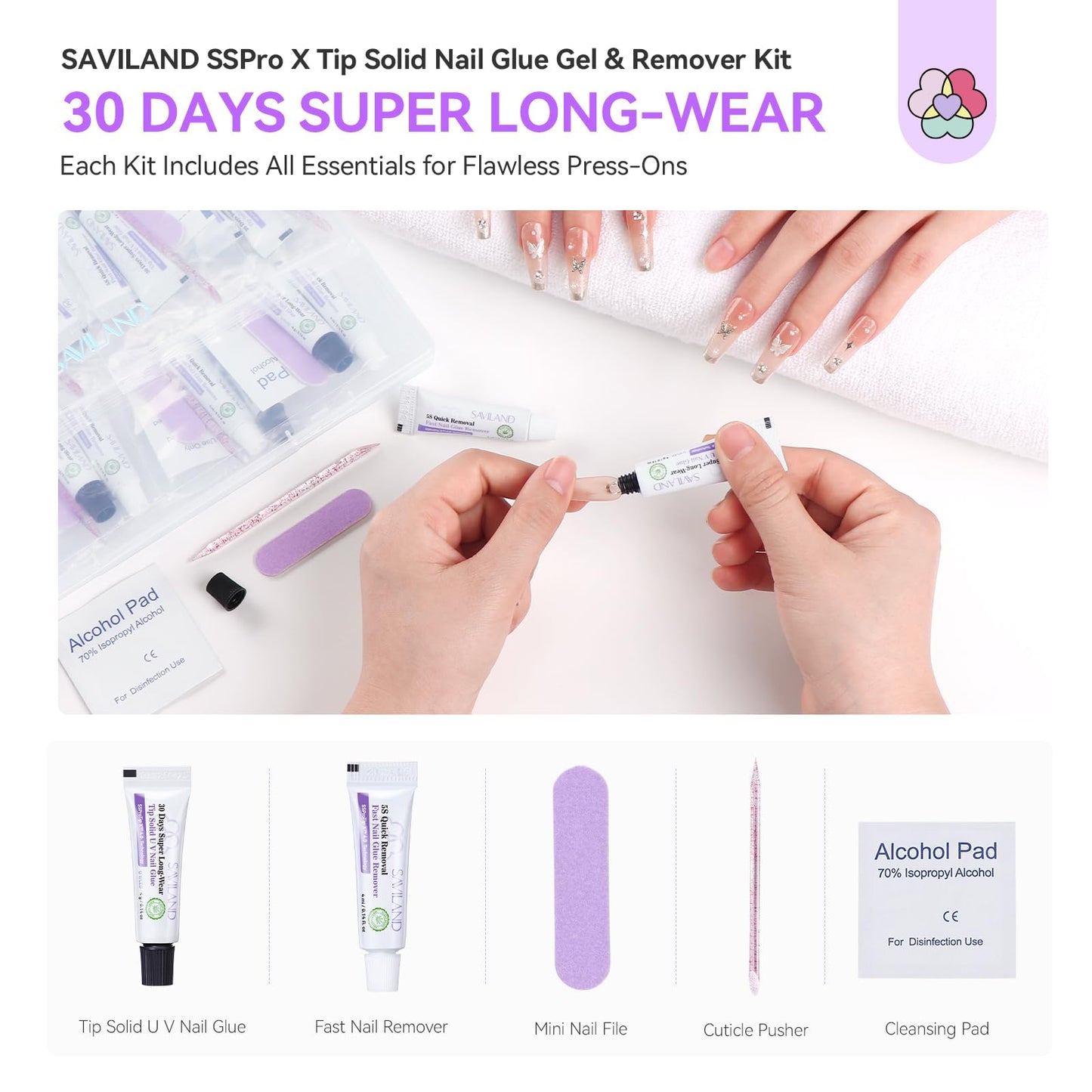 SAVILAND Solid Nail Glue Gel & Remover Kit — 10-Pack Travel-Ready Press-On Nails Tool Set