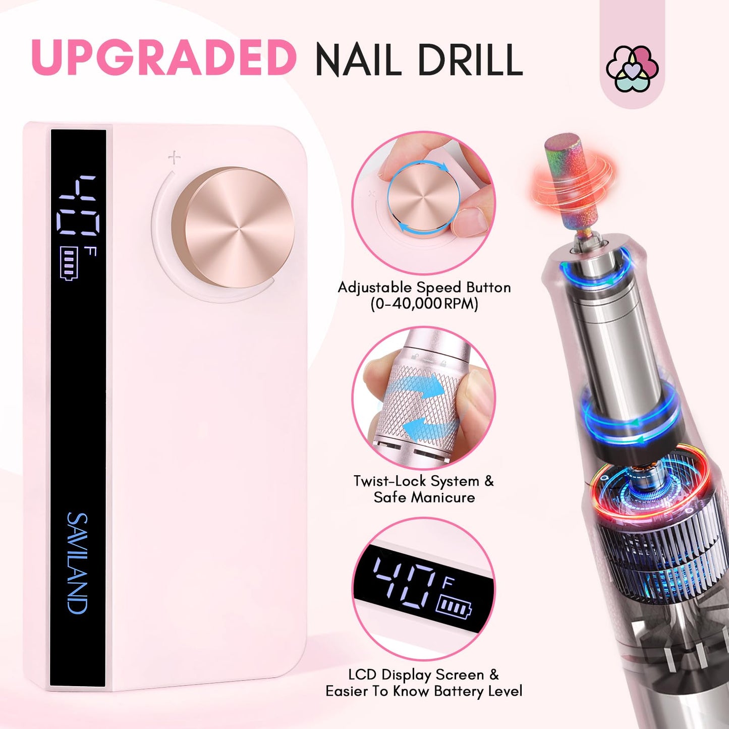 SAVILAND Professional Nail Drill – 40000 RPM Portable Electric Nail File for Salon & Home