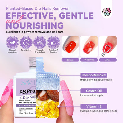 SAVILAND Dip Powder Remover 2 Pcs – Gentle At-Home Nail Removal Kit with Cuticle Oil Pen & Tools