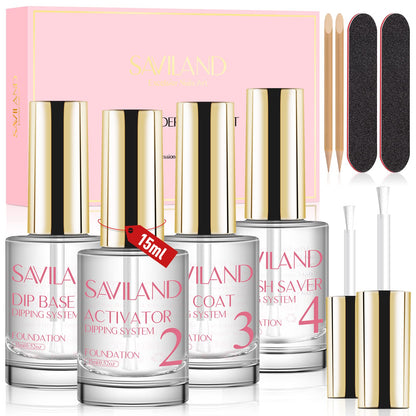SAVILAND Dip Powder Liquid Set – HEMA-Free Base/Top Coat, Activator, Brush Saver, Nail Files (10 Pcs)
