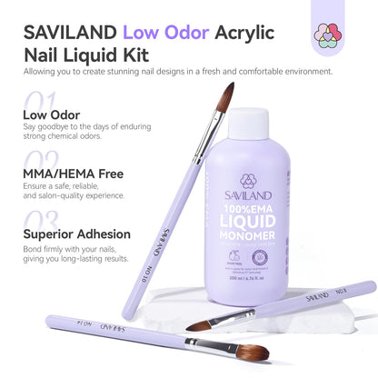 SAVILAND EMA Monomer Nail Liquid 200ml – Low-Odor, MMA-Free, 3 Brush Kit