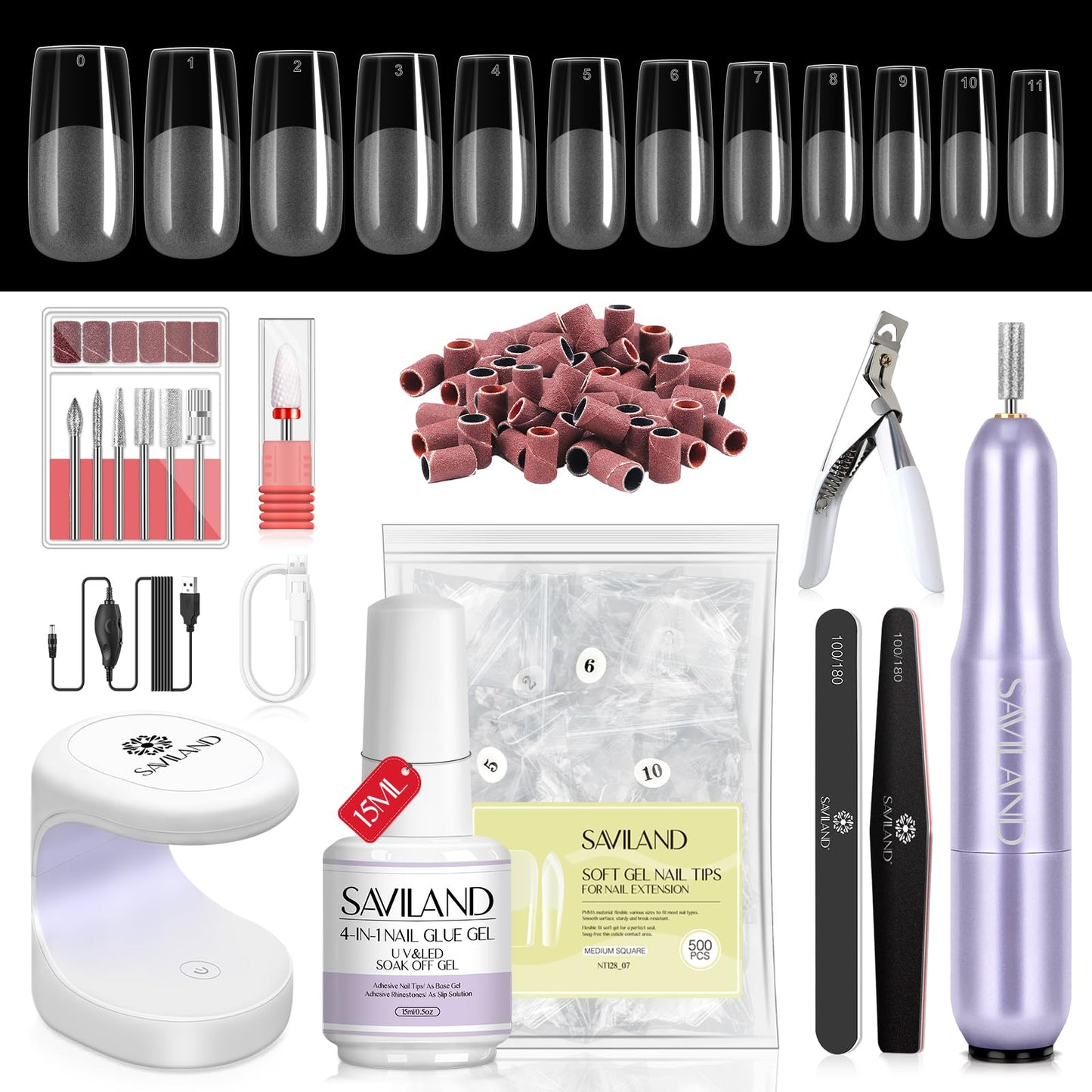 SAVILAND Gel Nail X Kit – 500 Square Tips, 4-in-1 Glue Gel, Mini Lamp & 20,000 RPM Drill