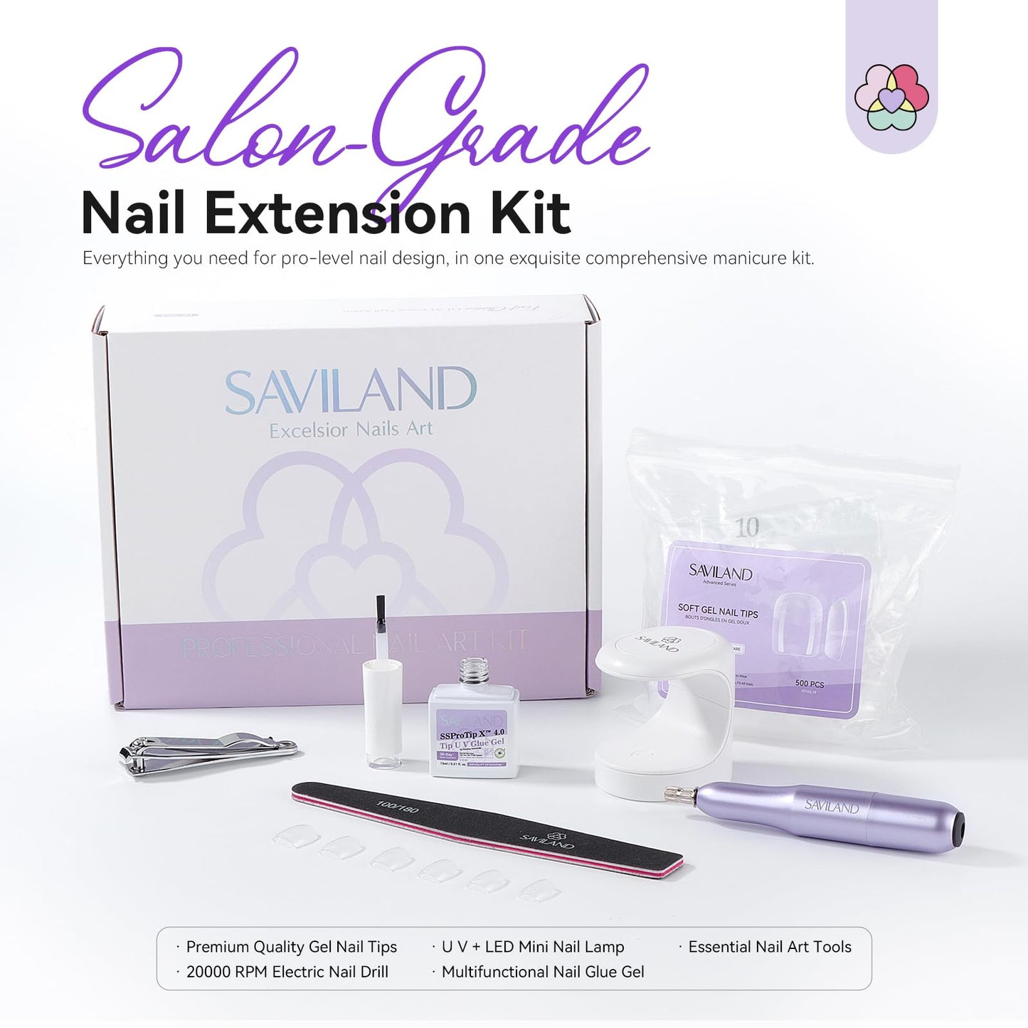 SAVILAND Gel Nail Kit — 500 XS Extra Short Tips, Drill Kit & Mini Lamp for DIY At-Home Nails