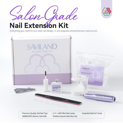 SAVILAND Gel Nail Kit — 500 XS Extra Short Tips, Drill Kit & Mini Lamp for DIY At-Home Nails