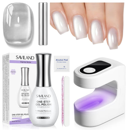 SAVILAND Glassy Cat Eye One-Step Gel Polish Kit – 5-in-1 Jelly Silver Magnetic Gel with Fast-Curing Mini UV Lamp (15ml)