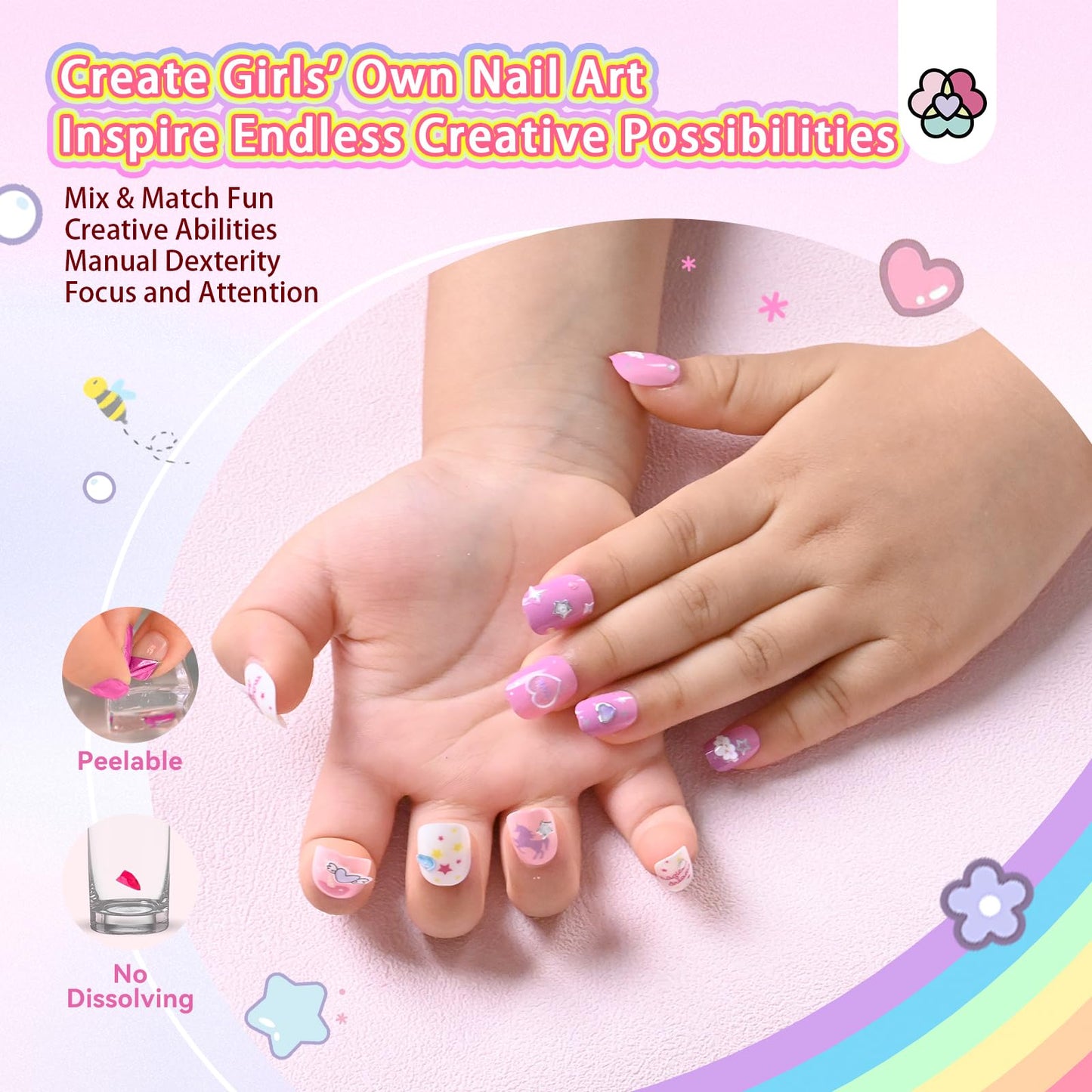 SAVILAND Kids Press-On Nails – 6-Pack with 3D Stickers for Creative DIY Nail Art
