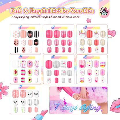 SAVILAND 168 Pieces Kids Press-On Nails – 7 Pack for Girls 8-12 | Glitter Short Full-Cover Nails