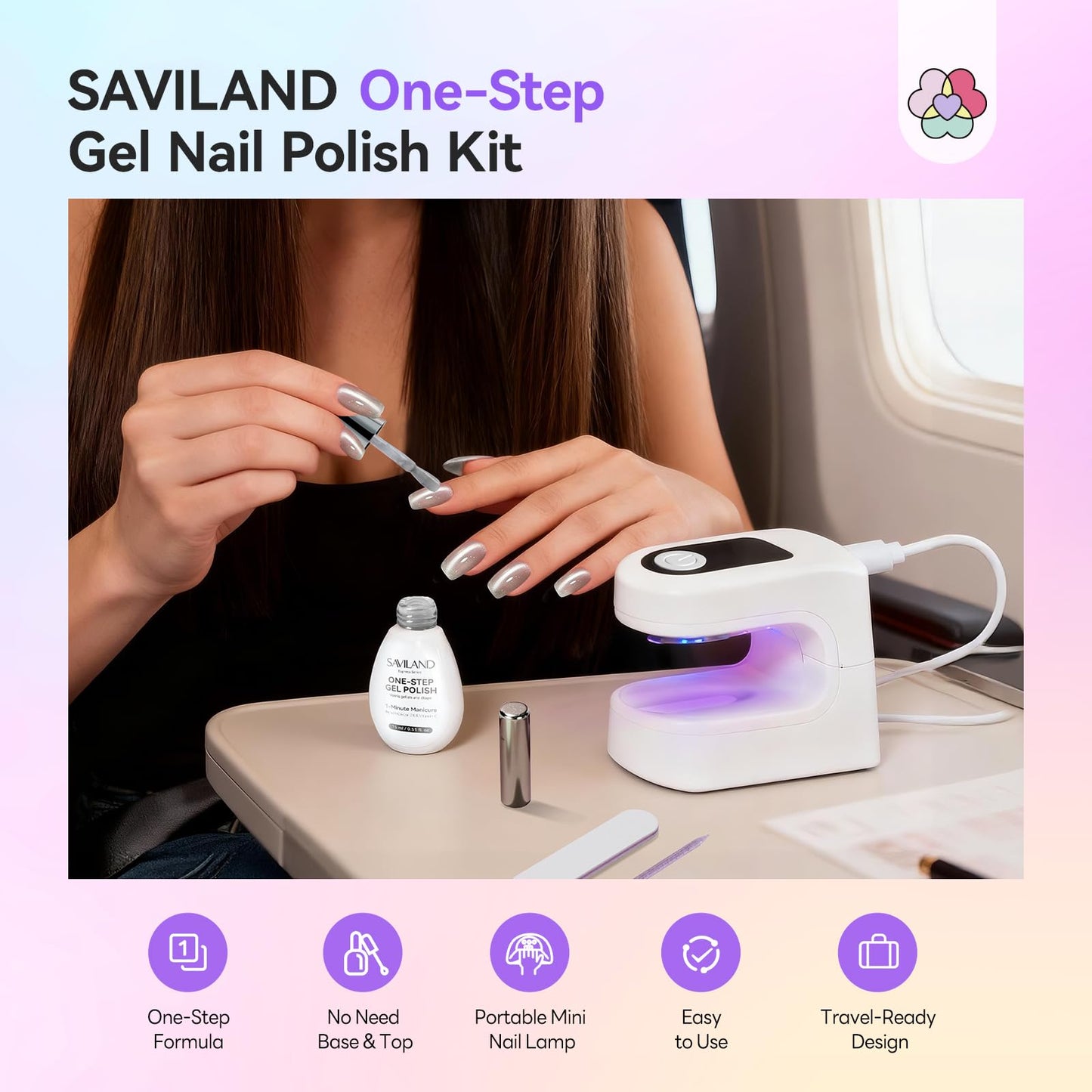 SAVILAND Glassy Cat Eye One-Step Gel Polish Kit – 5-in-1 Jelly Silver Magnetic Gel with Fast-Curing Mini UV Lamp (15ml)