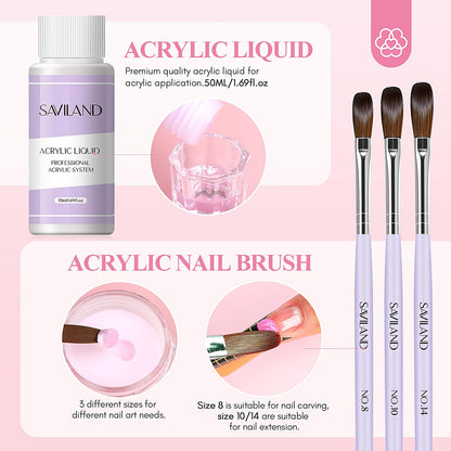 SAVILAND Acrylic Nail Kit Starter Set — Beginner Home Kit with Pink/White/Clear Powders, 50ml Liquid
