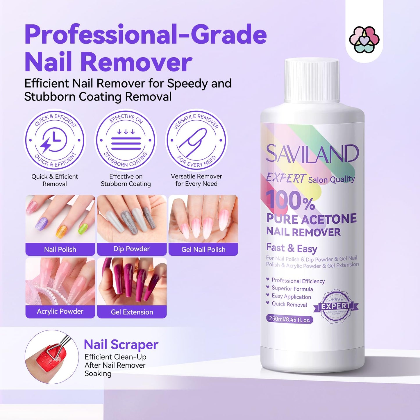 SAVILAND Pure Acetone Nail Polish Remover Kit – 8.45 oz for Gel, Dip Powder & Acrylic Nails