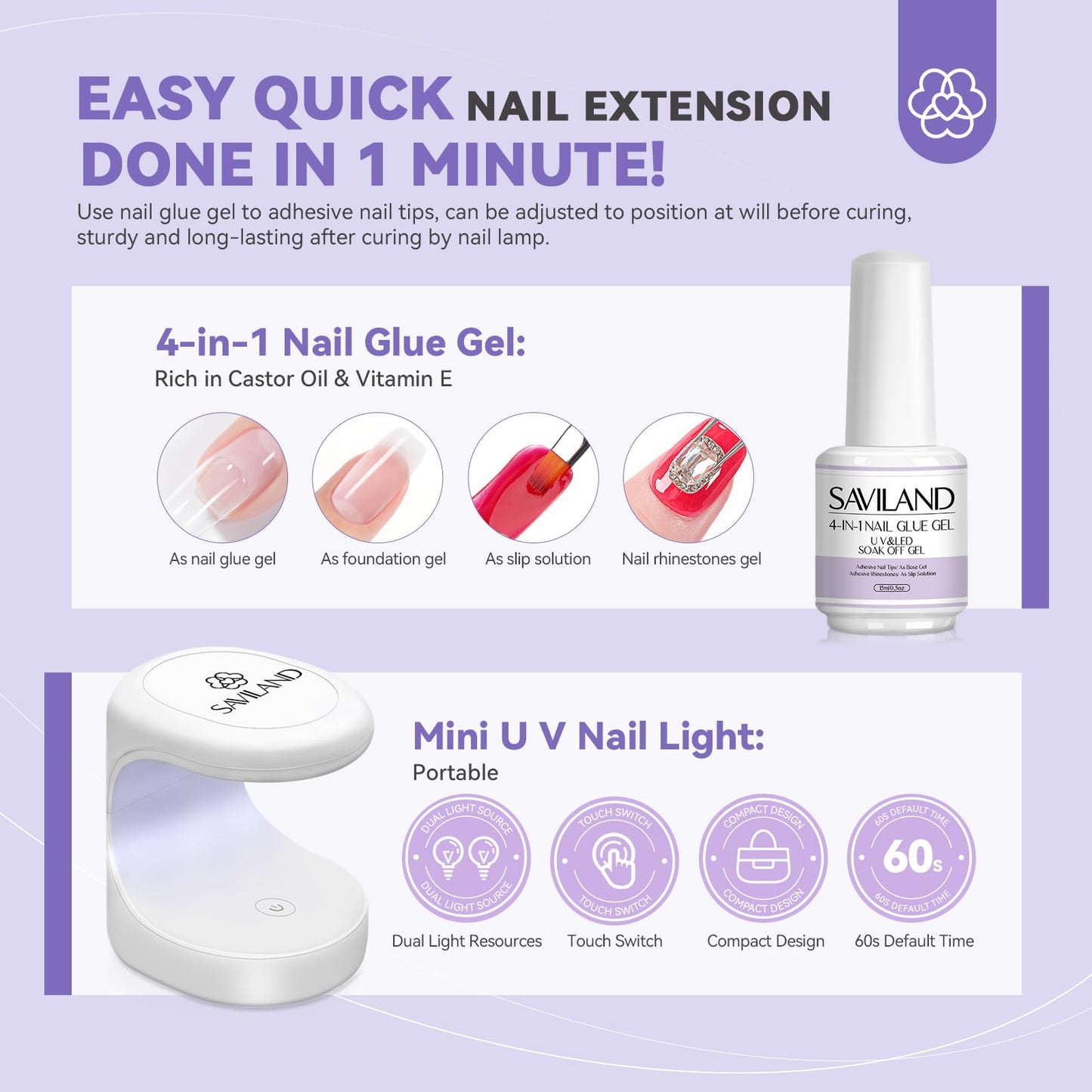 SAVILAND Gel Nail Kit with UV Light | At-Home Manicure Set with 500 Short Coffin Tips, 4-in-1 Glue, Drill & Mini Lamp