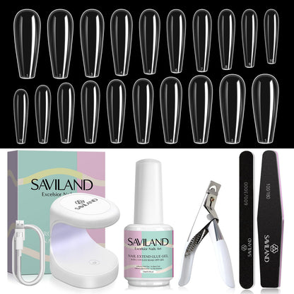 SAVILAND Nail Kit for Beginners — All-in-One Coffin Tips, 4-in-1 Glue & Mini UV Lamp