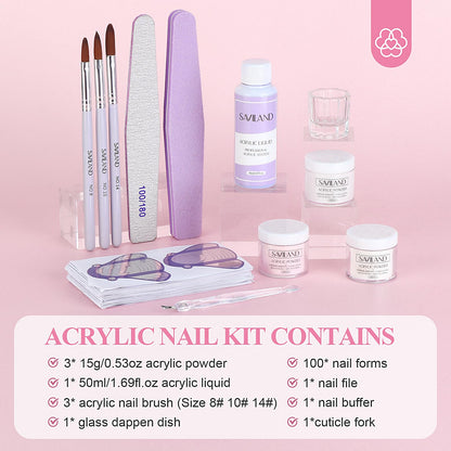 SAVILAND Acrylic Nail Kit Starter Set — Beginner Home Kit with Pink/White/Clear Powders, 50ml Liquid
