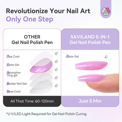 SAVILAND Express One-Step Gel Nail Polish Pen Set — 6 Pearl Pink/Blue Shades, 3-in-1 Base/Color/Top, 4ml, Travel-Friendly (Lamp Not Included)