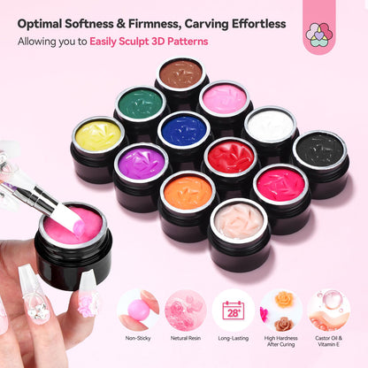 SAVILAND 3D Nail Gel Set – 12 Colors, Non-Sticky Soak Off, 3D Sculpting Kit for DIY Nail Art