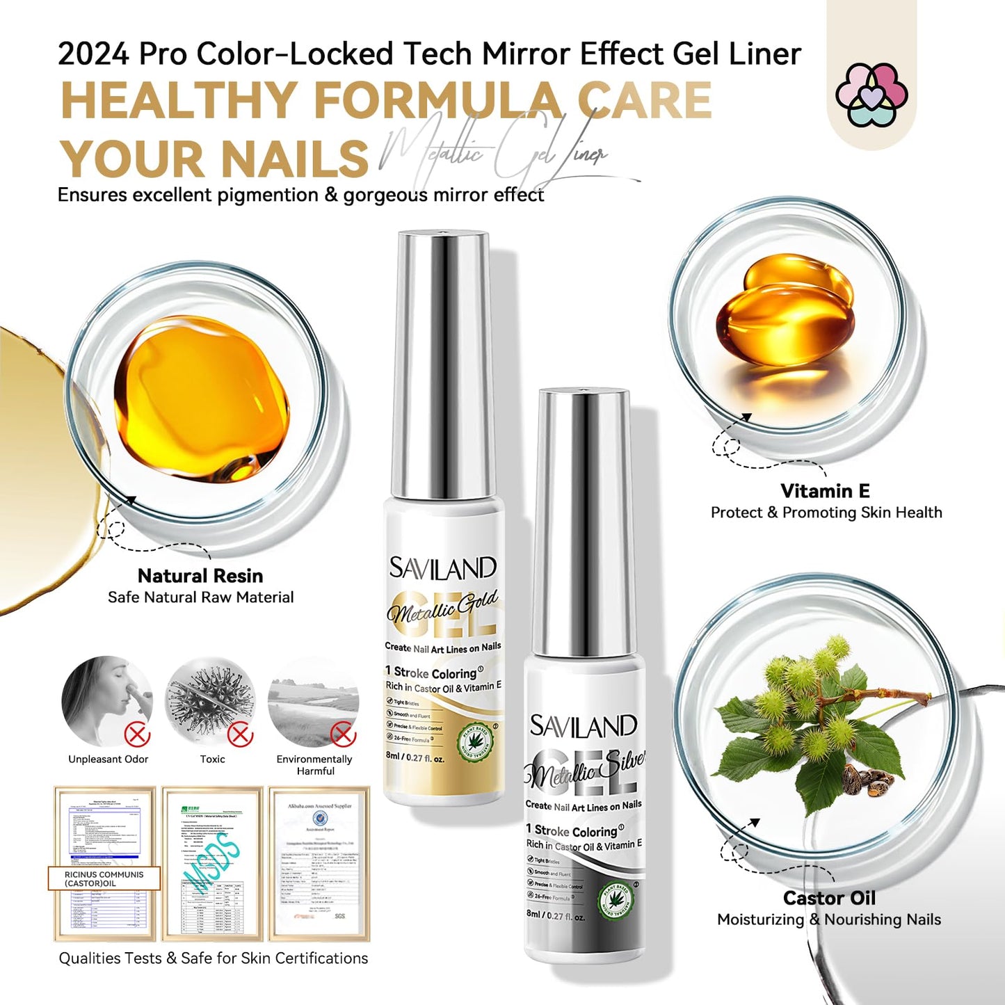 SAVILAND Metallic Gel Liner Nail Art – Silver & Gold Chrome 3D Mirror Gels (2x8ml)